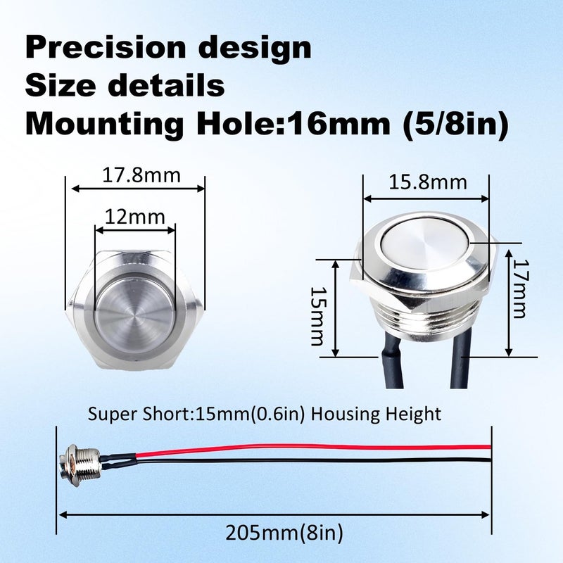 Punnzer (2-Pack) 16mm Short-Body Waterproof Momentary Switch - 5/8" Mount, Flat Head, IP66 IK09 (12-36V Applications) - Image 3